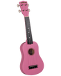 The image shows a bright pink soprano ukulele by Diamond Head, featuring a traditional figure-8 body with a sound hole, four strings, white tuning buttons, and a dark fretboard with white fret markers. The small, vibrant instrument is popular for its cheerful sound and is ideal for beginners and players who enjoy colorful, fun designs.