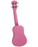 The image shows the back of a pink ukulele, a small four-stringed instrument with a narrow neck and guitar-like body. It features four tuning pegs with white buttons and metal machines at the headstock. The solid pink finish gives it a vibrant, playful look, often popular with beginners and younger players. Ukuleles are known for their bright, cheerful sound and are widely used in Hawaiian, folk, and popular music.