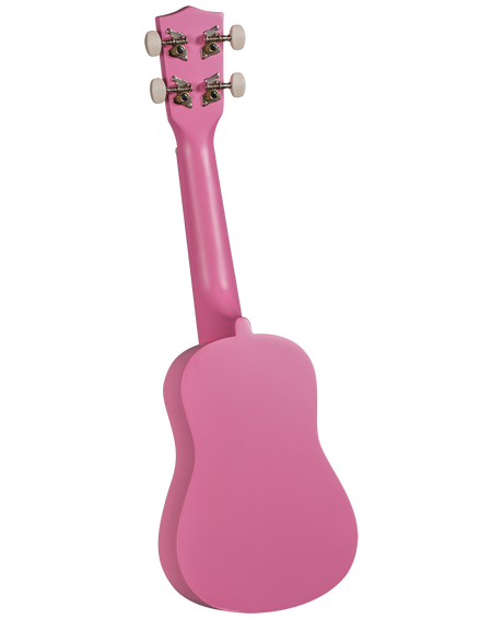 The image shows the back of a pink ukulele, a small four-stringed instrument with a narrow neck and guitar-like body. It features four tuning pegs with white buttons and metal machines at the headstock. The solid pink finish gives it a vibrant, playful look, often popular with beginners and younger players. Ukuleles are known for their bright, cheerful sound and are widely used in Hawaiian, folk, and popular music.