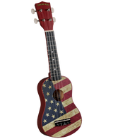 The image shows a soprano ukulele with a vintage-style American flag design on the body. It has a red headstock with gold "DIAMOND HEAD" branding, four white tuning pegs, a dark fretboard with white fret markers, and four strings. The sound hole is centered. This patriotic-themed ukulele blends traditional Hawaiian style with Americana imagery, representing a Diamond Head brand instrument.