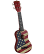 The image shows a soprano ukulele with a vintage-style American flag design on the body. It has a red headstock with gold "DIAMOND HEAD" branding, four white tuning pegs, a dark fretboard with white fret markers, and four strings. The sound hole is centered. This patriotic-themed ukulele blends traditional Hawaiian style with Americana imagery, representing a Diamond Head brand instrument.