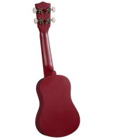 The image shows the back of a deep red or burgundy ukulele with a small, rounded body typical of the instrument. It has four tuning pegs with white/cream buttons arranged in a 2x2 layout on a headstock featuring decorative metal plates. The neck connects to the body, suggesting a concert or tenor size. The polished finish highlights its appeal to both beginners and experienced players.