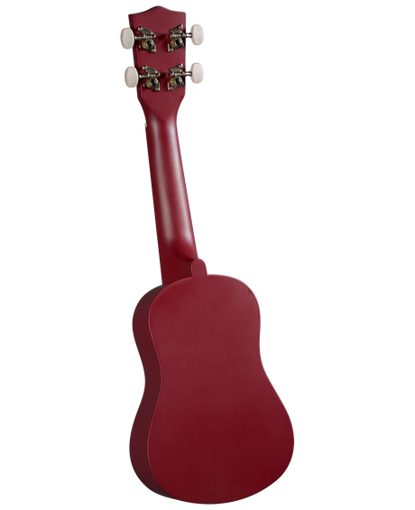 The image shows the back of a deep red or burgundy ukulele with a small, rounded body typical of the instrument. It has four tuning pegs with white/cream buttons arranged in a 2x2 layout on a headstock featuring decorative metal plates. The neck connects to the body, suggesting a concert or tenor size. The polished finish highlights its appeal to both beginners and experienced players.