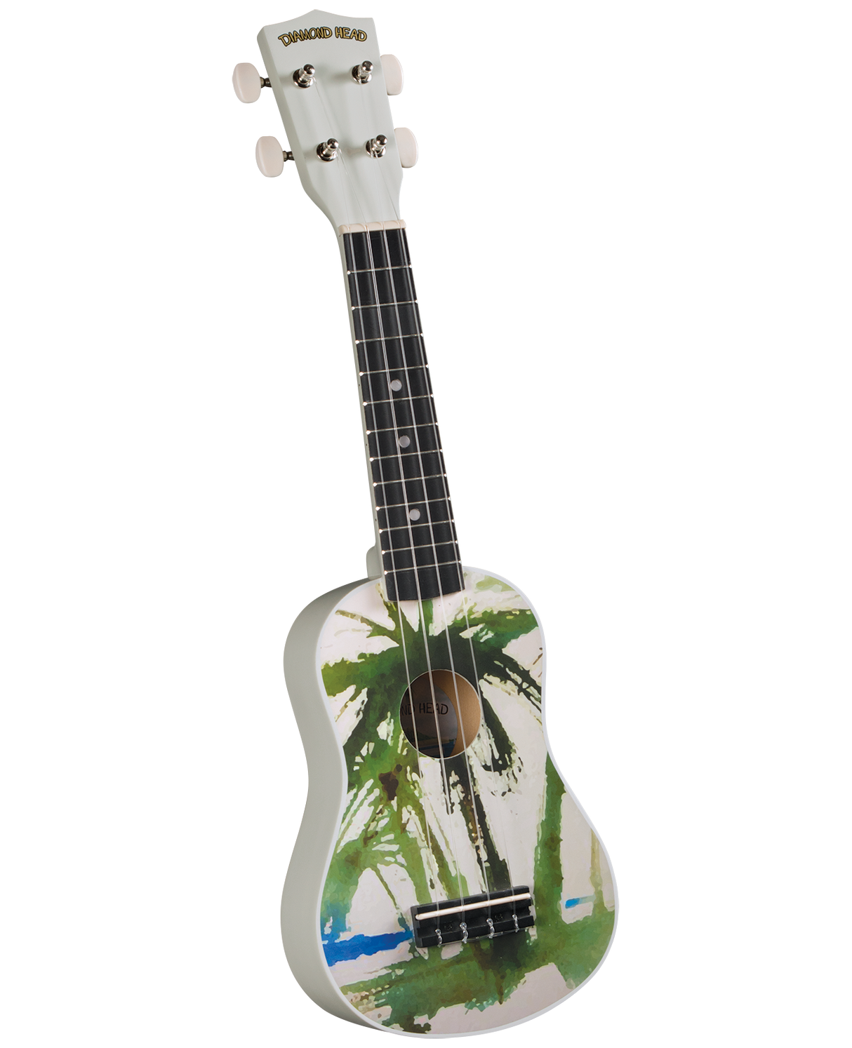The image shows a colorful ukulele with a white body featuring green palm tree silhouettes and brushstroke designs in green, black, and blue. It has a white headstock branded "DIAMOND HEAD," four white tuning pegs, a dark fretboard with markers, four strings, and a black bridge. The design reflects a tropical Hawaiian theme, fitting the instrument’s origins and the Diamond Head branding.