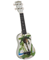 The image shows a colorful ukulele with a white body featuring green palm tree silhouettes and brushstroke designs in green, black, and blue. It has a white headstock branded "DIAMOND HEAD," four white tuning pegs, a dark fretboard with markers, four strings, and a black bridge. The design reflects a tropical Hawaiian theme, fitting the instrument’s origins and the Diamond Head branding.