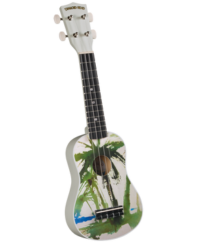 The image shows a colorful Diamond Head DU132 Vintage Soprano Ukulele with a white body featuring green palm tree silhouettes and brushstroke designs in green, black, and blue. It has a white headstock branded "DIAMOND HEAD," four white tuning pegs, a dark fretboard with markers, four strings, and a black bridge. The design reflects a tropical Hawaiian theme, fitting the instrument’s origins and the Diamond Head branding.