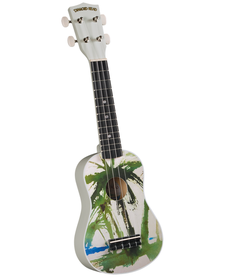 The image shows a colorful ukulele with a white body featuring green palm tree silhouettes and brushstroke designs in green, black, and blue. It has a white headstock branded "DIAMOND HEAD," four white tuning pegs, a dark fretboard with markers, four strings, and a black bridge. The design reflects a tropical Hawaiian theme, fitting the instrument’s origins and the Diamond Head branding.