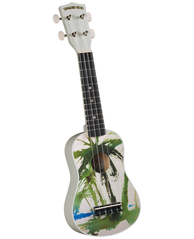 The image shows a colorful ukulele with a white body featuring green palm tree silhouettes and brushstroke designs in green, black, and blue. It has a white headstock branded "DIAMOND HEAD," four white tuning pegs, a dark fretboard with markers, four strings, and a black bridge. The design reflects a tropical Hawaiian theme, fitting the instrument’s origins and the Diamond Head branding.