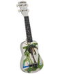 The image shows a colorful ukulele with a white body featuring green palm tree silhouettes and brushstroke designs in green, black, and blue. It has a white headstock branded "DIAMOND HEAD," four white tuning pegs, a dark fretboard with markers, four strings, and a black bridge. The design reflects a tropical Hawaiian theme, fitting the instrument’s origins and the Diamond Head branding.