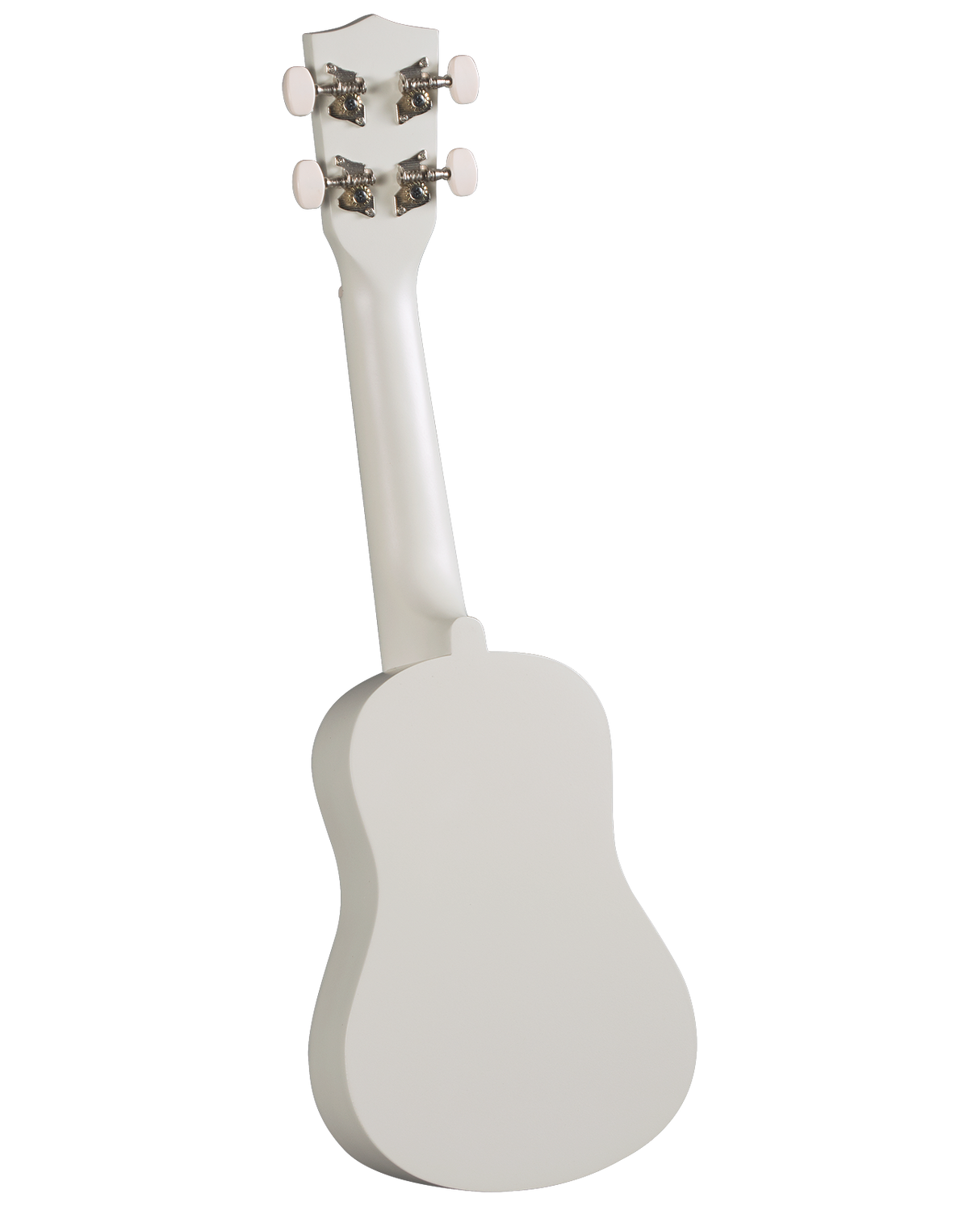 The image shows a cream-colored ukulele photographed from the back, highlighting the headstock with four chrome tuning pegs and white buttons. The small, guitar-shaped body and neck are visible, with four strings faintly seen. The instrument appears well-made, likely wood or a composite, reflecting the typical design of this popular Hawaiian string instrument.