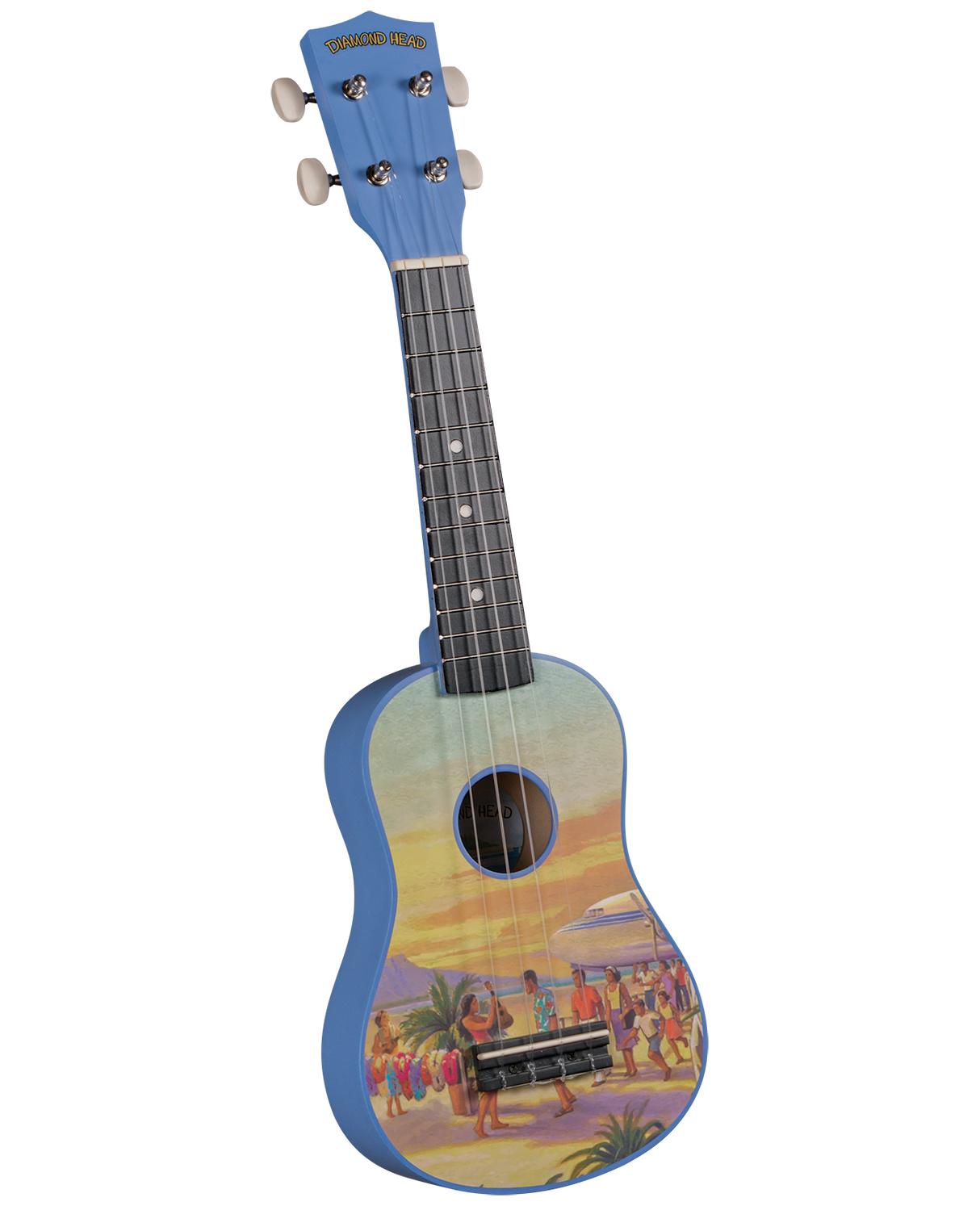 The image shows a colorful soprano ukulele by Diamond Head featuring a bright blue headstock and binding, four white-tipped tuning pegs, a dark fretboard with dot inlays, and four nylon strings. The body displays a vibrant vintage Hawaiian beach scene with palm trees, ocean views, people near a tiki bar, and sunset hues in yellow, orange, and blue, capturing a tropical, retro island vibe.