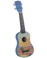The image shows a colorful soprano ukulele by Diamond Head featuring a bright blue headstock and binding, four white-tipped tuning pegs, a dark fretboard with dot inlays, and four nylon strings. The body displays a vibrant vintage Hawaiian beach scene with palm trees, ocean views, people near a tiki bar, and sunset hues in yellow, orange, and blue, capturing a tropical, retro island vibe.