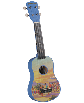 The image shows a colorful soprano ukulele by Diamond Head featuring a bright blue headstock and binding, four white-tipped tuning pegs, a dark fretboard with dot inlays, and four nylon strings. The body displays a vibrant vintage Hawaiian beach scene with palm trees, ocean views, people near a tiki bar, and sunset hues in yellow, orange, and blue, capturing a tropical, retro island vibe.
