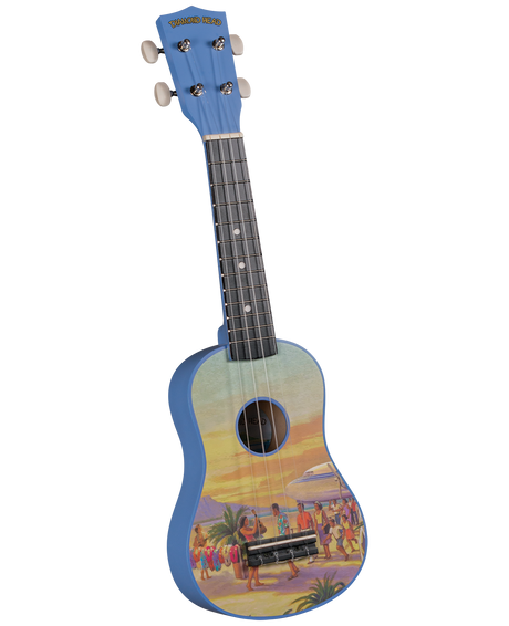 The image shows a colorful soprano ukulele by Diamond Head featuring a bright blue headstock and binding, four white-tipped tuning pegs, a dark fretboard with dot inlays, and four nylon strings. The body displays a vibrant vintage Hawaiian beach scene with palm trees, ocean views, people near a tiki bar, and sunset hues in yellow, orange, and blue, capturing a tropical, retro island vibe.