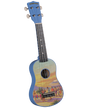 The image shows a colorful soprano ukulele by Diamond Head featuring a bright blue headstock and binding, four white-tipped tuning pegs, a dark fretboard with dot inlays, and four nylon strings. The body displays a vibrant vintage Hawaiian beach scene with palm trees, ocean views, people near a tiki bar, and sunset hues in yellow, orange, and blue, capturing a tropical, retro island vibe.