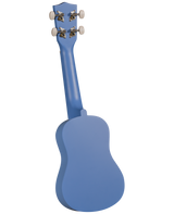 The image shows the back of a blue ukulele with four white tuning buttons and chrome tuning machines. It features a small, compact body and neck with a glossy blue finish. The headstock and proportions suggest a soprano or concert size. This stringed instrument, originally from Hawaii, is popular in folk and contemporary music and appears to be a beginner to intermediate model with a visually distinctive design.
