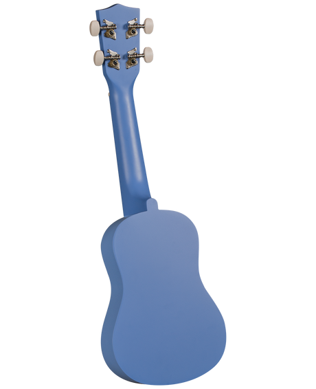 The image shows the back of a blue ukulele with four white tuning buttons and chrome tuning machines. It features a small, compact body and neck with a glossy blue finish. The headstock and proportions suggest a soprano or concert size. This stringed instrument, originally from Hawaii, is popular in folk and contemporary music and appears to be a beginner to intermediate model with a visually distinctive design.