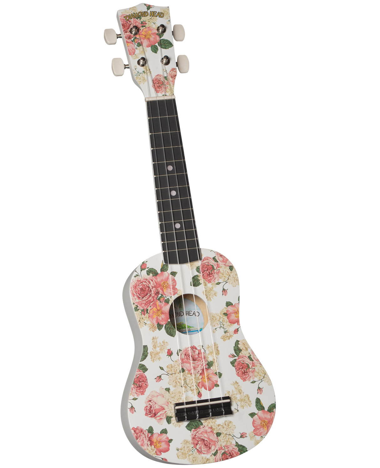 The image shows a four-string Diamond Head ukulele with a vintage floral design of pink and coral roses and green leaves on a cream background. It features four white tuning buttons on the headstock, a dark wooden fingerboard with white fret markers, a central sound hole, and proportions of a soprano or concert ukulele. The decorative pattern gives it a unique, feminine, and romantic aesthetic.