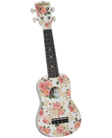 The image shows a four-string Diamond Head ukulele with a vintage floral design of pink and coral roses and green leaves on a cream background. It features four white tuning buttons on the headstock, a dark wooden fingerboard with white fret markers, a central sound hole, and proportions of a soprano or concert ukulele. The decorative pattern gives it a unique, feminine, and romantic aesthetic.