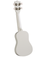 The image shows a white or cream-colored ukulele viewed from the back, highlighting its headstock and four metal tuning pegs with matching tuning buttons. The small, guitar-like body and neck are visible, consistent with a soprano or concert-sized ukulele. The instrument's clean, monochromatic design suggests it may be beginner-friendly or decorative.