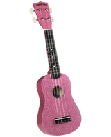 The image shows a pink sparkly soprano ukulele with a glittery finish on the body and headstock. It has a traditional shape with a central sound hole, four strings, white tuning pegs, a dark fretboard with position markers, and a black bridge. The headstock features the "DIAMOND HEAD" brand. This fun, beginner-friendly instrument is known for its bright sound and colorful design.