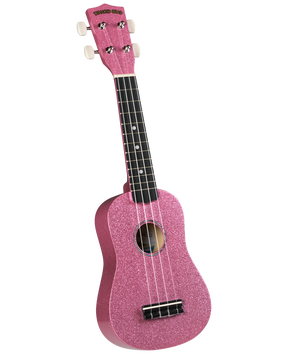 The image shows a pink sparkly soprano ukulele with a glittery finish on the body and headstock. It has a traditional shape with a central sound hole, four strings, white tuning pegs, a dark fretboard with position markers, and a black bridge. The headstock features the "DIAMOND HEAD" brand. This fun, beginner-friendly instrument is known for its bright sound and colorful design.
