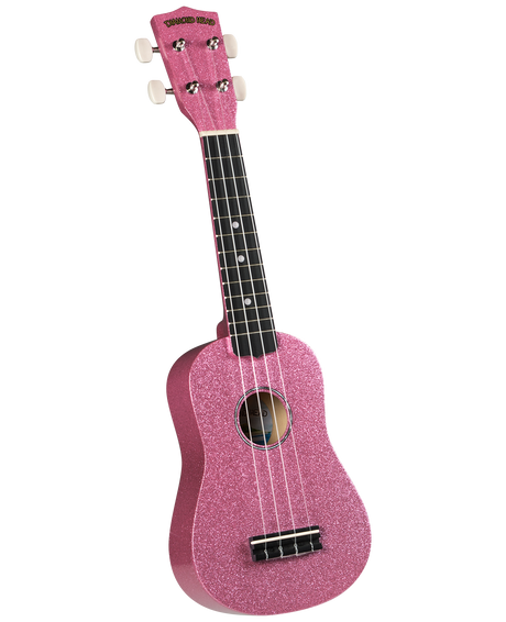 The image shows a pink sparkly soprano ukulele with a glittery finish on the body and headstock. It has a traditional shape with a central sound hole, four strings, white tuning pegs, a dark fretboard with position markers, and a black bridge. The headstock features the "DIAMOND HEAD" brand. This fun, beginner-friendly instrument is known for its bright sound and colorful design.