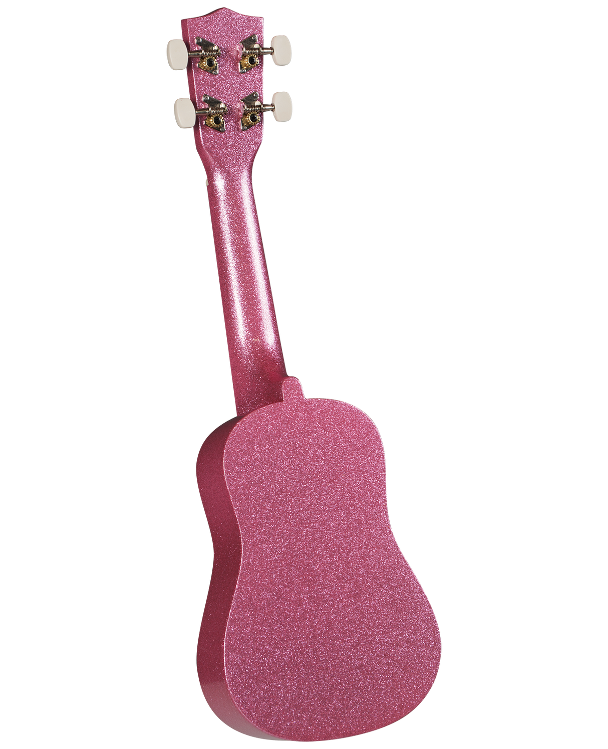 The image shows a small, four-string ukulele with a classic figure-8 shape, viewed from the back. It features four white or cream tuning pegs (two on each side) and a striking pink sparkly finish covering the body and neck. This decorative ukulele combines playful aesthetics with portability, making it a fun choice for beginners, children, or anyone seeking a colorful, eye-catching instrument.