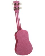The image shows a small, four-string ukulele with a classic figure-8 shape, viewed from the back. It features four white or cream tuning pegs (two on each side) and a striking pink sparkly finish covering the body and neck. This decorative ukulele combines playful aesthetics with portability, making it a fun choice for beginners, children, or anyone seeking a colorful, eye-catching instrument.