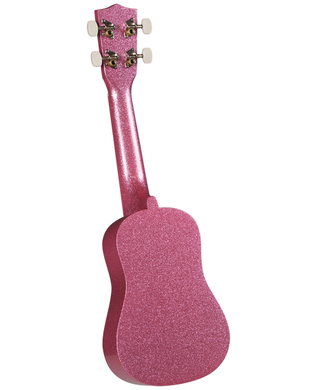 The image shows a small, four-string ukulele with a classic figure-8 shape, viewed from the back. It features four white or cream tuning pegs (two on each side) and a striking pink sparkly finish covering the body and neck. This decorative ukulele combines playful aesthetics with portability, making it a fun choice for beginners, children, or anyone seeking a colorful, eye-catching instrument.
