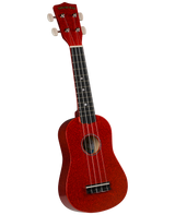 The image shows a vibrant red sparkle soprano ukulele with a traditional figure-8 body shape. It features four nylon strings, a dark fretboard with position markers, white tuning pegs, and "Diamond Head" branding on the headstock. This beginner-friendly instrument has a small bridge and a festive finish, making it ideal for casual playing and new ukulele enthusiasts.
