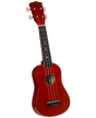 The image shows a vibrant red sparkle soprano ukulele with a traditional figure-8 body shape. It features four nylon strings, a dark fretboard with position markers, white tuning pegs, and "Diamond Head" branding on the headstock. This beginner-friendly instrument has a small bridge and a festive finish, making it ideal for casual playing and new ukulele enthusiasts.