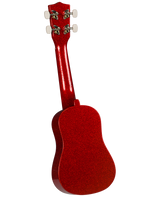The image shows a beautiful red ukulele with a glossy, sparkly finish. It is a small four-stringed instrument photographed from the back, revealing the full body and neck. The headstock has four tuning pegs with white buttons and decorative metal hardware. Likely a soprano or concert size, this mid-range ukulele combines quality and style, popular for its portability and warm sound.