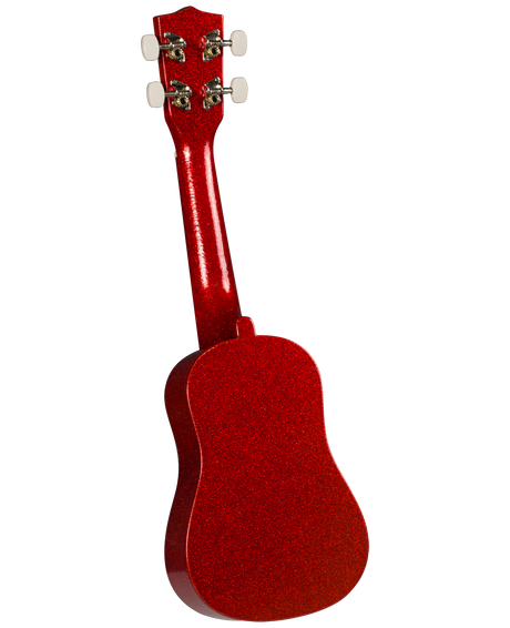 The image shows a beautiful red ukulele with a glossy, sparkly finish. It is a small four-stringed instrument photographed from the back, revealing the full body and neck. The headstock has four tuning pegs with white buttons and decorative metal hardware. Likely a soprano or concert size, this mid-range ukulele combines quality and style, popular for its portability and warm sound.