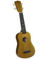 The image shows a soprano ukulele with a compact figure-8 body and a distinctive gold glitter finish. It has four strings, a dark fretboard with position dots, white tuning pegs, and the brand name "DIAMOND HEAD" on the headstock. This eye-catching, entry-level instrument is likely designed for beginners or decorative use, combining portability with a fun, sparkly look.