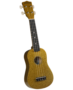 The image shows a soprano ukulele with a compact figure-8 body and a distinctive gold glitter finish. It has four strings, a dark fretboard with position dots, white tuning pegs, and the brand name "DIAMOND HEAD" on the headstock. This eye-catching, entry-level instrument is likely designed for beginners or decorative use, combining portability with a fun, sparkly look.