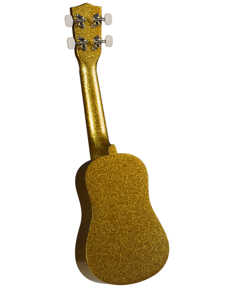 The image shows a gold glittery ukulele with a small, rounded body and a short neck. It has four white tuning pegs arranged 2x2 on the headstock. The instrument’s size suggests it is a concert or tenor ukulele. The sparkly gold finish gives it a decorative, novelty appearance, making it eye-catching and suited for performance or gifts, distinct from traditional wood-finished ukuleles.