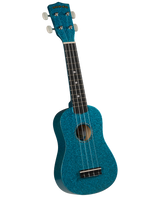The image shows a striking turquoise blue, sparkly Diamond Head ukulele with four strings, white tuning pegs, and a dark wooden fretboard with dot markers. It has a traditional small guitar-like body with a central sound hole and a bridge at the bottom. This soprano or concert-sized ukulele is visually appealing and represents the classic Hawaiian string instrument known for its melodic sound and portability.