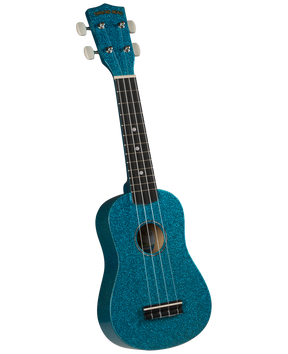 The image shows the front of a sparkly striking turquoise blue, Diamond Head DU145 Hot Rod Soprano Ukulele. 