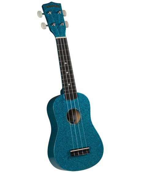 The image shows a striking turquoise blue, sparkly Diamond Head ukulele with four strings, white tuning pegs, and a dark wooden fretboard with dot markers. It has a traditional small guitar-like body with a central sound hole and a bridge at the bottom. This soprano or concert-sized ukulele is visually appealing and represents the classic Hawaiian string instrument known for its melodic sound and portability.