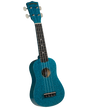 The image shows a striking turquoise blue, sparkly Diamond Head ukulele with four strings, white tuning pegs, and a dark wooden fretboard with dot markers. It has a traditional small guitar-like body with a central sound hole and a bridge at the bottom. This soprano or concert-sized ukulele is visually appealing and represents the classic Hawaiian string instrument known for its melodic sound and portability.