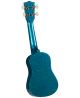 The image shows a small, four-string ukulele with a sparkly blue, glittery finish covering its body and neck. It has four tuning pegs on the headstock (two per side) and a compact guitar-like shape. The vibrant blue design makes it visually striking, appealing to beginners or those seeking a fun, colorful instrument. The white background suggests this is a product photo.