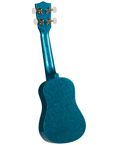 The image shows a small, four-string ukulele with a sparkly blue, glittery finish covering its body and neck. It has four tuning pegs on the headstock (two per side) and a compact guitar-like shape. The vibrant blue design makes it visually striking, appealing to beginners or those seeking a fun, colorful instrument. The white background suggests this is a product photo.