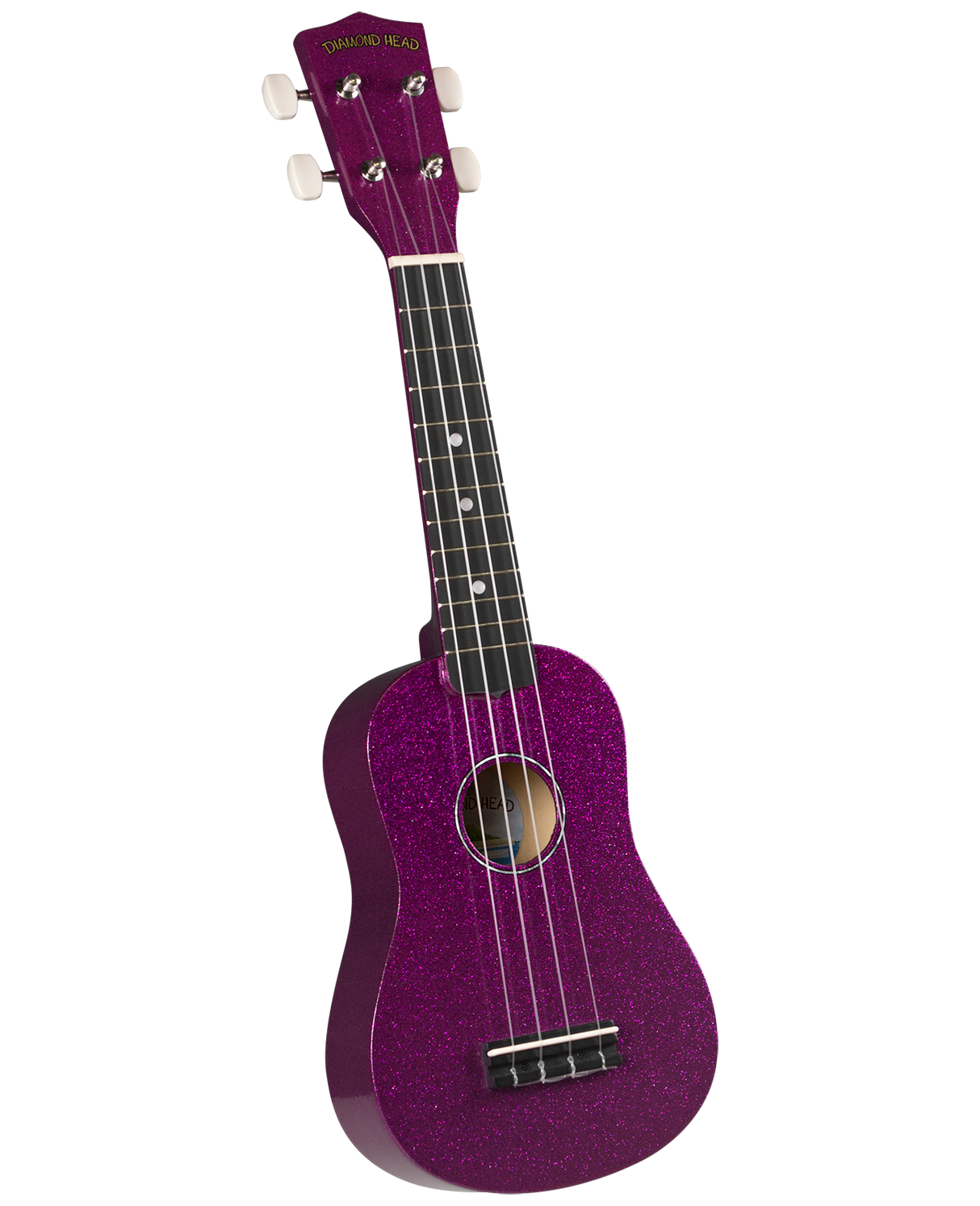 The image shows a soprano ukulele with a sparkly purple finish. It features a traditional body shape, four strings, a dark fretboard with white dot markers, white tuning pegs, and a sound hole in the center. The headstock displays the "Diamond Head" branding. This colorful, beginner-friendly model is eye-catching and popular among new players for its bright tone and fun design.