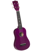 The image shows a soprano ukulele with a sparkly purple finish. It features a traditional body shape, four strings, a dark fretboard with white dot markers, white tuning pegs, and a sound hole in the center. The headstock displays the "Diamond Head" branding. This colorful, beginner-friendly model is eye-catching and popular among new players for its bright tone and fun design.