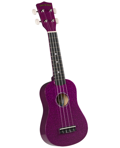 The image shows a soprano ukulele with a sparkly purple finish. It features a traditional body shape, four strings, a dark fretboard with white dot markers, white tuning pegs, and a sound hole in the center. The headstock displays the "Diamond Head" branding. This colorful, beginner-friendly model is eye-catching and popular among new players for its bright tone and fun design.