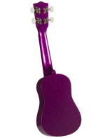 The image shows a small four-string ukulele with a vibrant purple sparkle finish covering its body and neck. It has four tuning pegs with white buttons, a rounded soprano or concert shape, and metal tuning machines. The compact size and decorative glitter suggest it’s a fun, entry-level instrument, likely aimed at beginners or younger players.