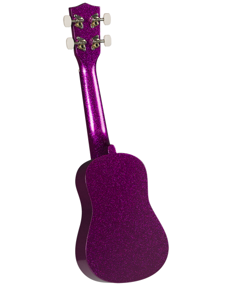 The image shows a small four-string ukulele with a vibrant purple sparkle finish covering its body and neck. It has four tuning pegs with white buttons, a rounded soprano or concert shape, and metal tuning machines. The compact size and decorative glitter suggest it’s a fun, entry-level instrument, likely aimed at beginners or younger players.