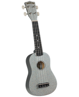 The image shows a soprano ukulele with a sparkly silver finish on the body and headstock. It has four strings, four tuning pegs with cream-colored buttons, a dark wooden fretboard with dot markers, and a traditional body shape with a central sound hole. The headstock features the "Diamond Head" logo. This decorative ukulele is likely an entry to mid-level model from a well-known Hawaiian brand.
