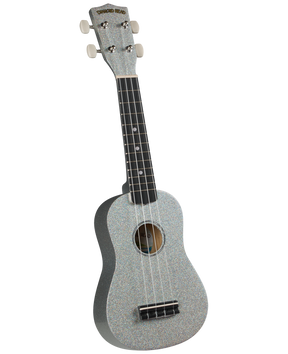 The image shows a soprano ukulele with a sparkly silver finish on the body and headstock. It has four strings, four tuning pegs with cream-colored buttons, a dark wooden fretboard with dot markers, and a traditional body shape with a central sound hole. The headstock features the "Diamond Head" logo. 
